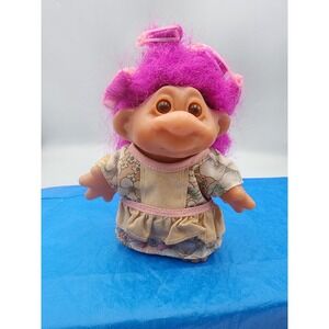 Vintage 1986 Dam Troll Doll Magenta Hair Floral Dress Pink Clips 5 Inch Toy